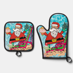 Christmas Santa Beach Bum Oven Mitt & Pot Holders Holder Set