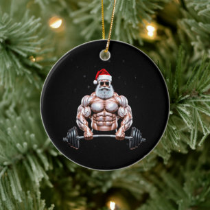 Christmas Santa Bodybuilder Weightlifting Gym Ceramic Tree Decoration