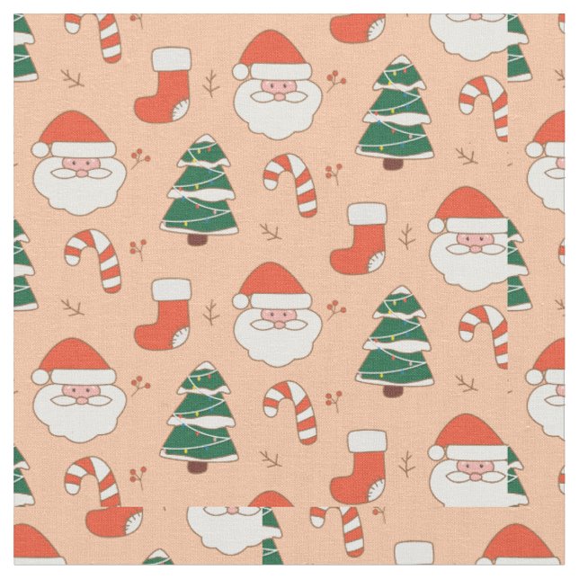 Christmas Santa, Candy Canes, and. Trees Fabric (Close Up)