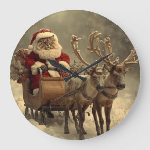 Christmas Santa Cat Vintage Retro Winter Reindeer Large Clock