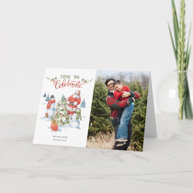 Christmas Santa Celebrate Watercolor Photo Holiday Card (Front)