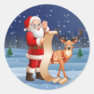 Christmas Santa Claus And Reindeer Classic Round Sticker