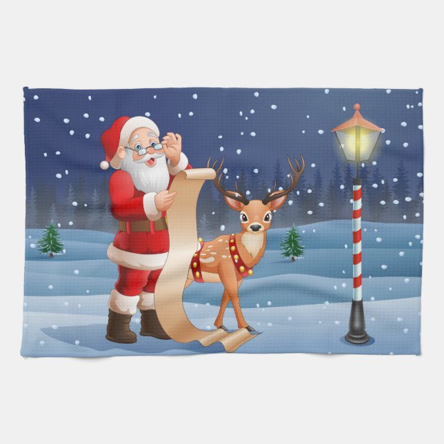 Christmas Santa Claus And Reindeer Tea Towel (Horizontal)