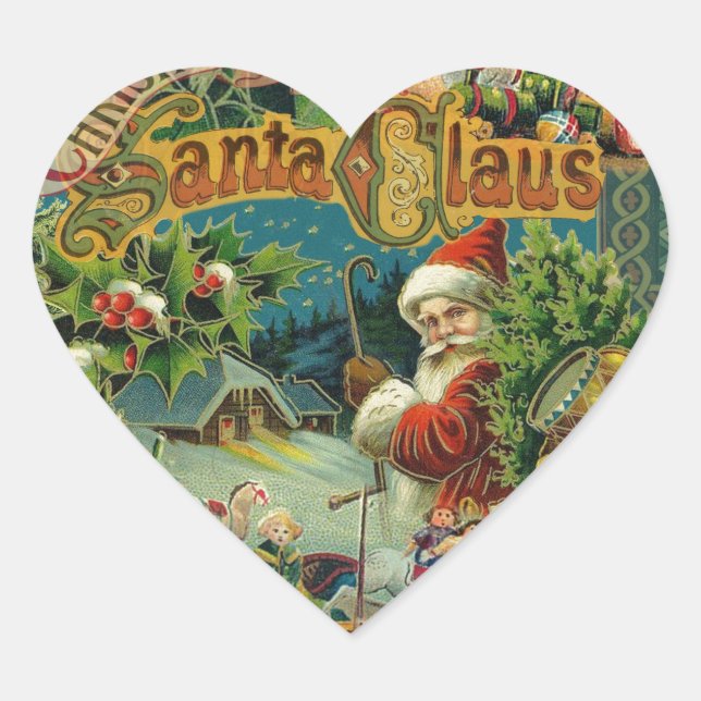 Christmas Santa Claus Antique Art Heart Sticker (Front)