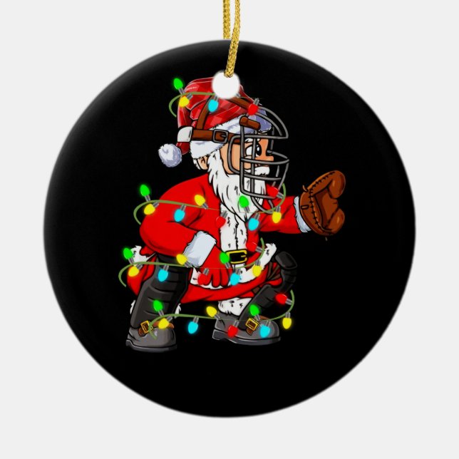 Christmas Santa Claus Baseball Catcher Ceramic Tree Decoration (Front)