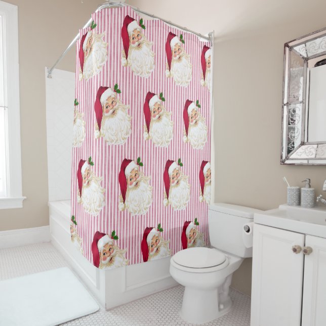 Christmas Santa Claus Cranberry Stripe Shower Curtain (In Situ)