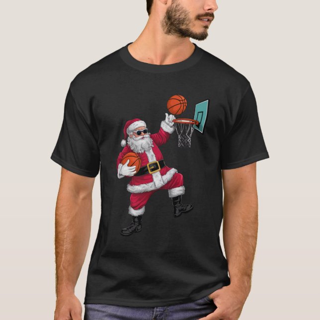 Christmas Santa Claus Dunking A Basketball Xmas T-Shirt (Front)