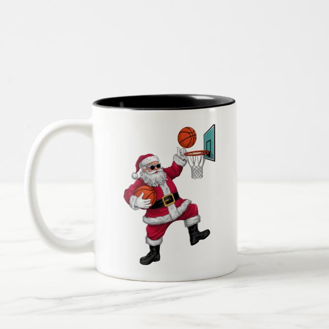 Christmas Santa Claus Dunking A Basketball Xmas Two-Tone Coffee Mug (Left)
