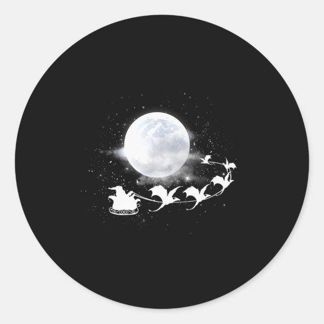 Christmas Santa Claus Flying Past The Moon Dragon  Classic Round Sticker (Front)