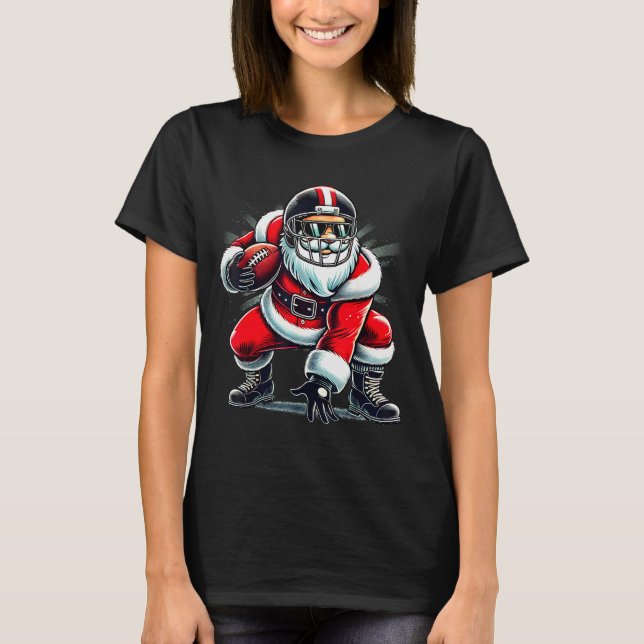 Christmas Santa Claus Football Lineman Quarterback T-Shirt (Front)