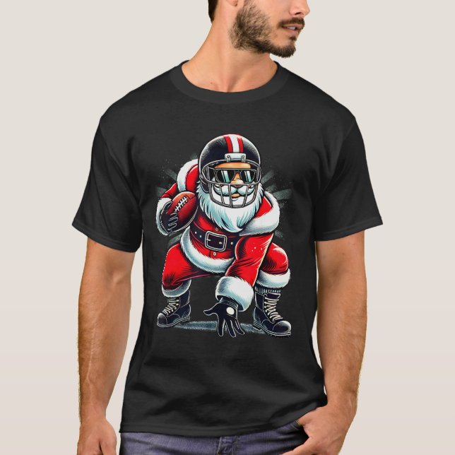 Christmas Santa Claus Football Lineman Quarterback T-Shirt (Front)