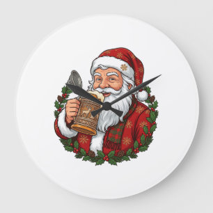 Christmas Santa Claus Holding Beer Glass Large Clock