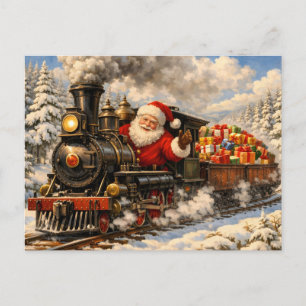 Christmas Santa Claus in Vintage Train with Gifts  Holiday Postcard