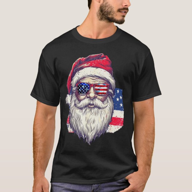 Christmas Santa Claus Patriotic Usa Sungles In Jul T-Shirt (Front)