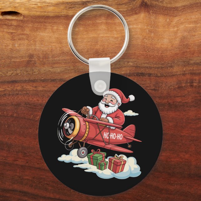 Christmas Santa Claus Pilot Flying Aeroplane Gift Key Ring (Front)