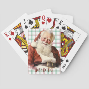 Christmas Santa Claus - Plaid Background Playing Cards