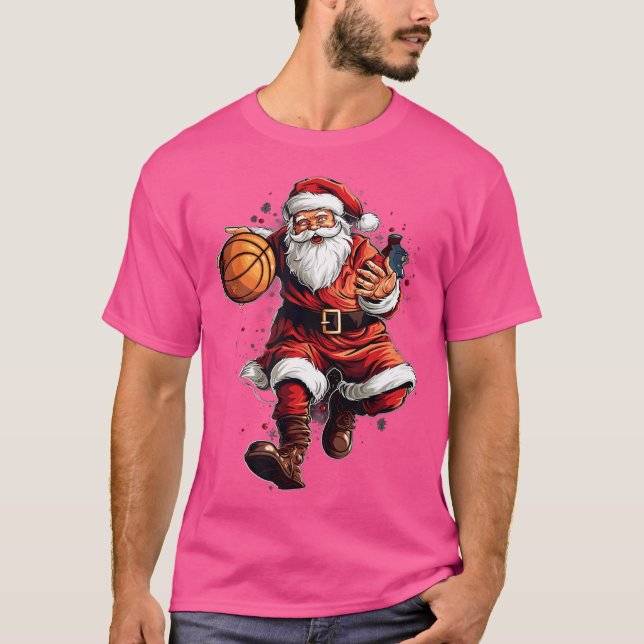 Christmas Santa Claus Playing Basketball Xmas T-Shirt (Front)