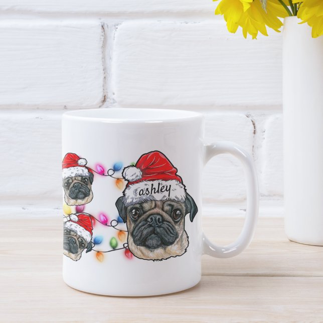 Christmas Santa Claus Pug Pet Dog Breed with Name Coffee Mug (Creator Uploaded)
