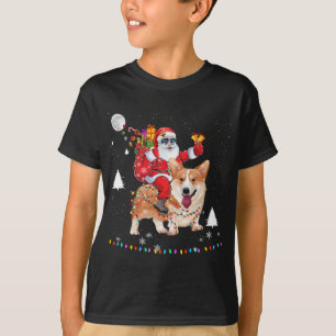 Christmas Santa Claus Riding Corgi Dog Lights Xmas T-Shirt