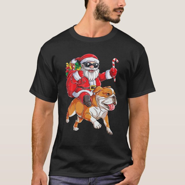 Christmas Santa Claus Riding English Bulldog Xmas T-Shirt (Front)