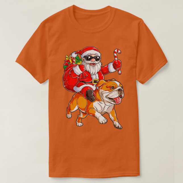 Christmas Santa Claus Riding English Bulldog Xmas  T-Shirt (Design Front)
