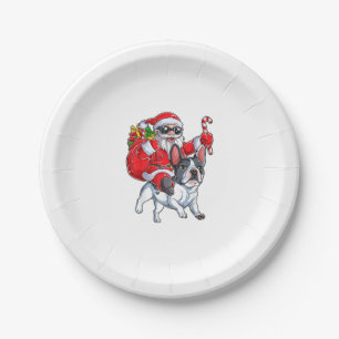 Christmas Santa Claus Riding French Bulldog Xmas B Paper Plate