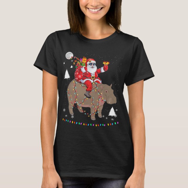 Christmas Santa Claus Riding Hippo Lights Xmas Hol T-Shirt (Front)