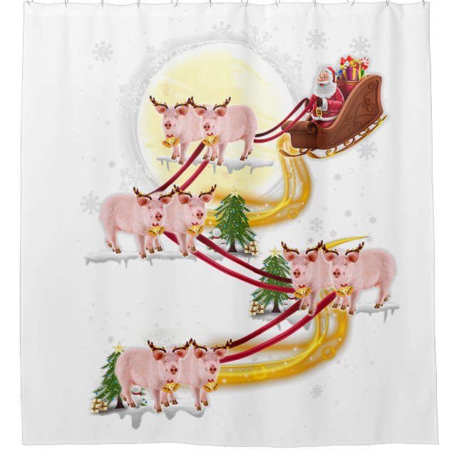 christmas santa claus riding pig  kids boys girls  shower curtain (Front)