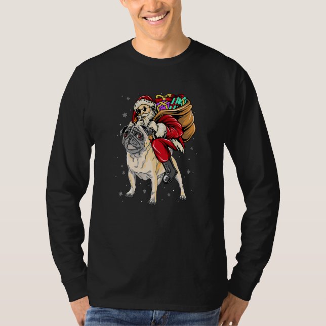Christmas Santa Claus Riding Pug Xmas Boys Men Pug T-Shirt (Front)