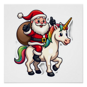 Christmas Santa Claus Riding Unicorn - Xmas Girls Poster