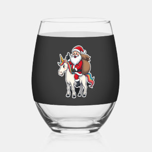 Christmas Santa Claus Riding Unicorn - Xmas Girls  Stemless Wine Glass
