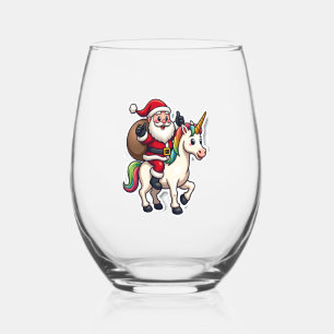 Christmas Santa Claus Riding Unicorn - Xmas Girls Stemless Wine Glass