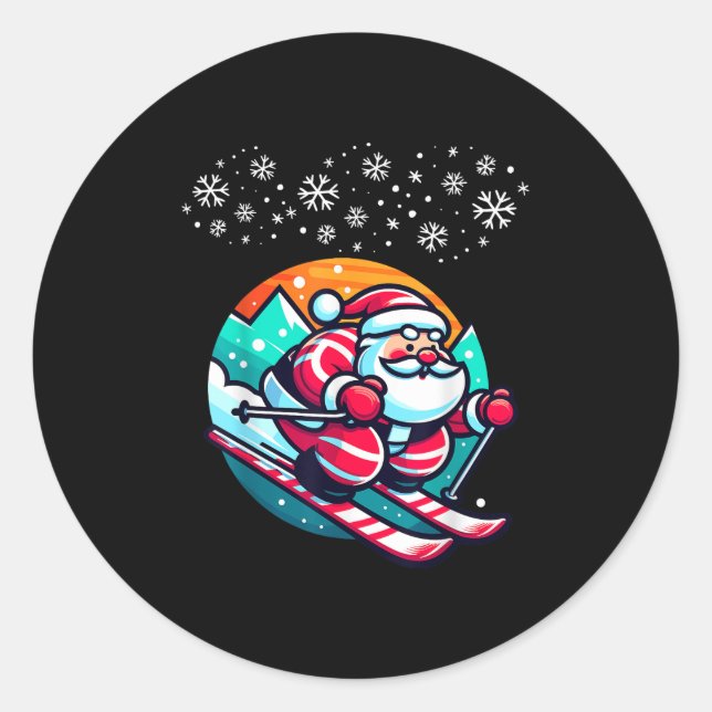 Christmas Santa Claus Skiing Slope Ski Hut Funny  Classic Round Sticker (Front)