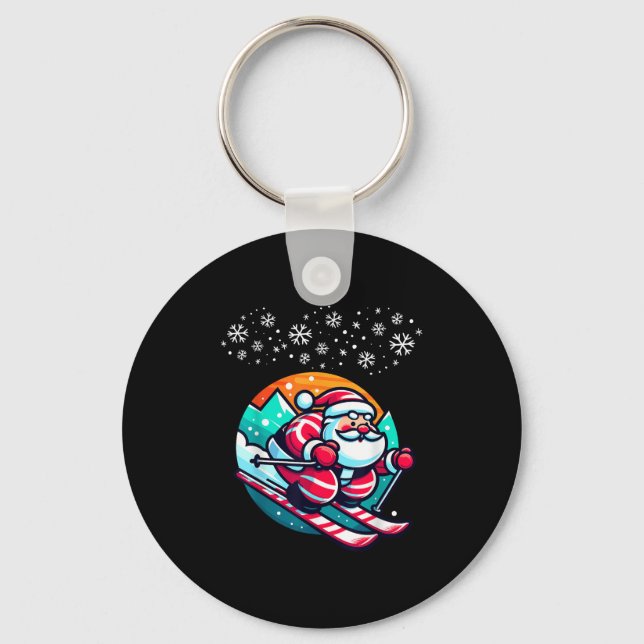 Christmas Santa Claus Skiing Slope Ski Hut Funny  Key Ring (Front)