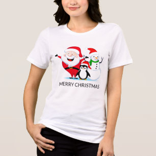 Christmas Santa Claus Snowman and Penguin Tri-Blend Shirt