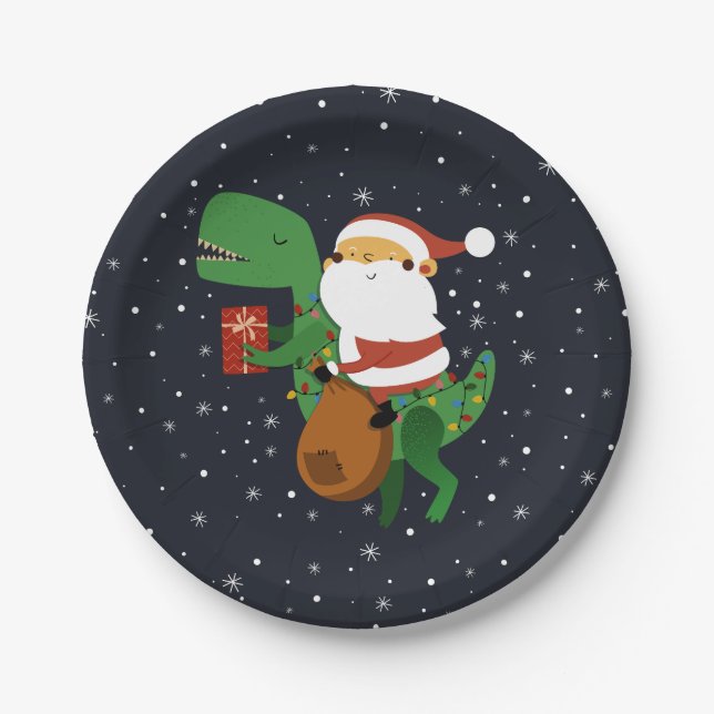 Christmas Santa Claus T-rex Dinosaur Sleigh Paper Plate (Front)
