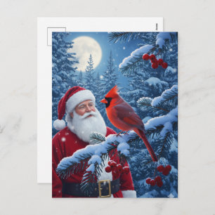 Christmas Santa Claus with Cardinal in Snowy Tree Holiday Postcard