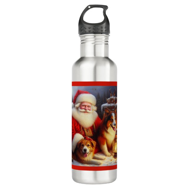 Christmas Santa Claus with Dogs 1 710 Ml Water Bottle (Front)
