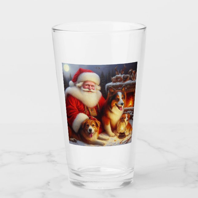 Christmas Santa Claus with Dogs 1 Glass (Front)