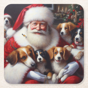 Christmas Santa Claus with Dogs 2 Square Paper Coaster