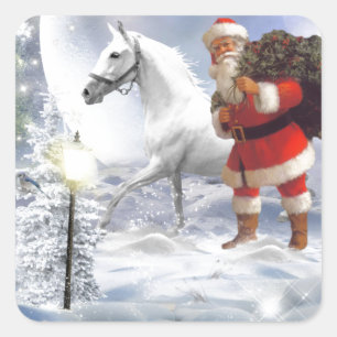 Christmas Santa Claus with White Horse Square Sticker