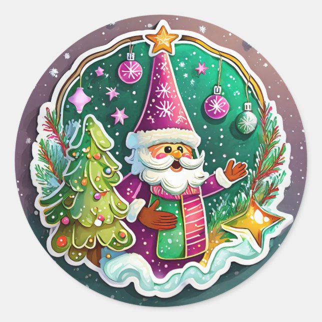 Christmas Santa Clause in the Snow  Classic Round Sticker (Front)