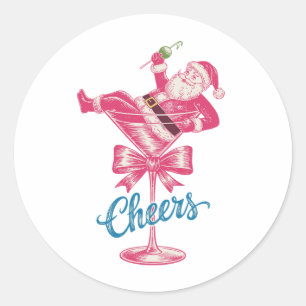 Christmas Santa Cocktail Glass Cheers Vintage Xmas Classic Round Sticker