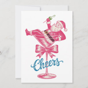 Christmas Santa Cocktail Glass Cheers Vintage Xmas Holiday Card