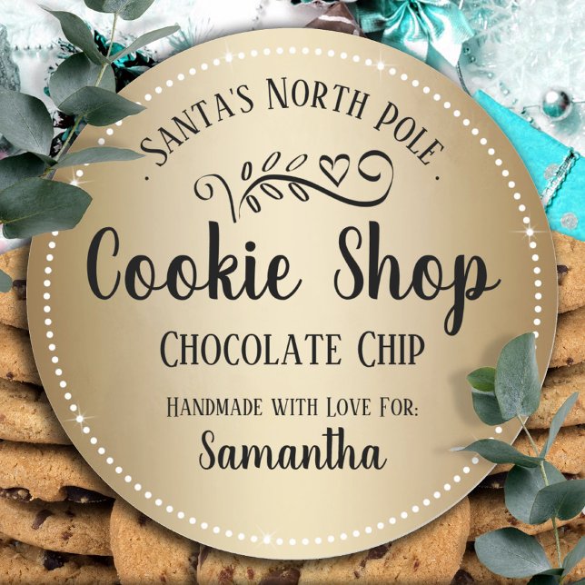 Christmas Santa Cookie Shop Custom Child Name Classic Round Sticker (Creator Uploaded)