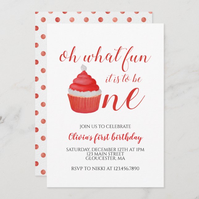 Christmas Santa Cupcake Onederful First Birthday I Invitation (Front/Back)