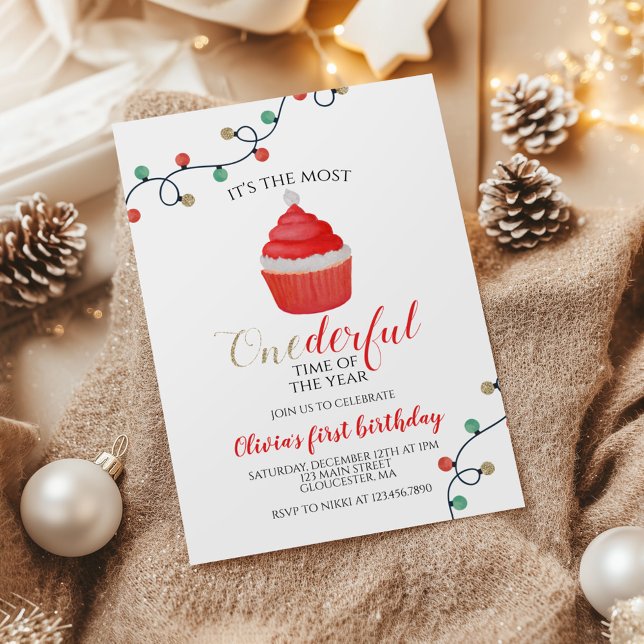 Christmas Santa Cupcake Onederful First Birthday I Invitation (Creator Uploaded)