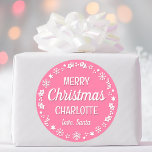 Christmas Santa Custom Name Pink Classic Round Sticker<br><div class="desc">Make Christmas extra special with these personalised name Santa stickers. Featuring a festive border with snowflakes,  holly,  christmas stockings and stars in pink and white.</div>