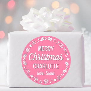 Christmas Santa Custom Name Pink Classic Round Sticker