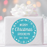 Christmas Santa Custom Name Teal Classic Round Sticker<br><div class="desc">Make Christmas extra special with these personalised name Santa stickers. Featuring a festive border with snowflakes,  holly,  christmas stockings and stars in blue-green teal and white.</div>